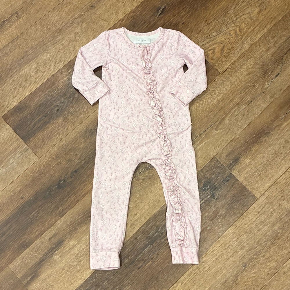 Sweet Honey Pink Bunny Outfit Ruffles Pajamas Romper Rabbit Easter One-Piece 3T